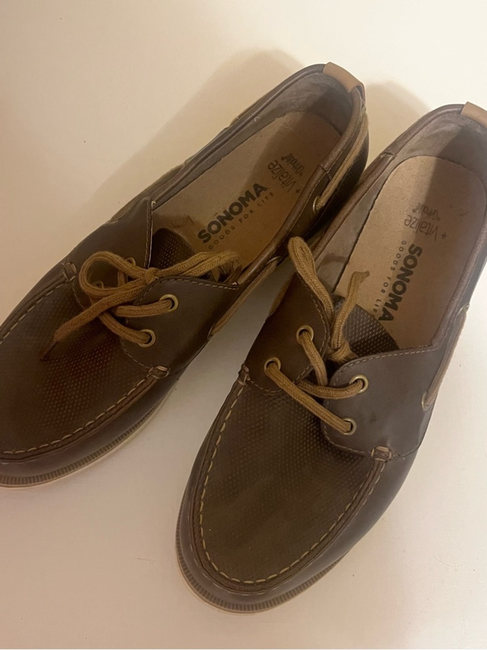 Vintage- SONOMA Men's Dark Brown Leather Lace-Up Boat Shoes with Tan Laces-10